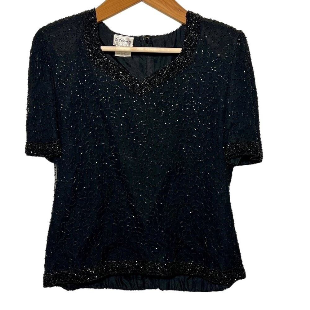Stenay Womens XL Black Silk Beaded Sequin Blouse V-Neck Party Glam Event Top